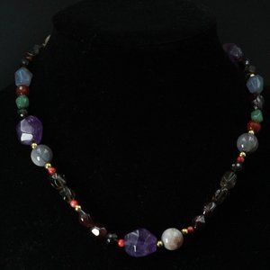 14K GOLD AMETHYST GARNET QUARTZ CHALCEDONY NECKLACE